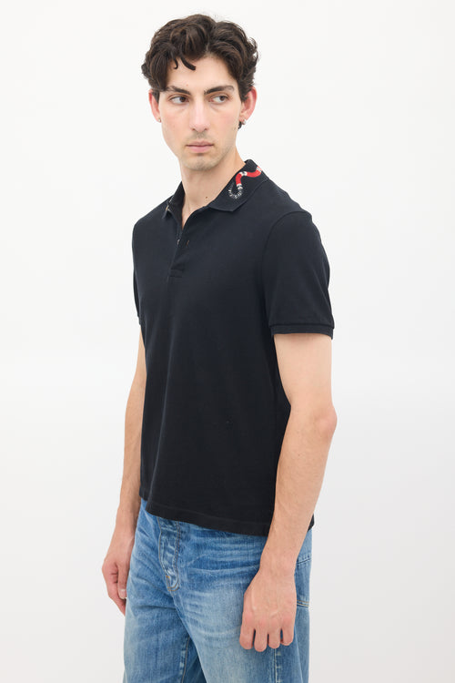 Gucci Black Cotton Embroidered Collar Polo