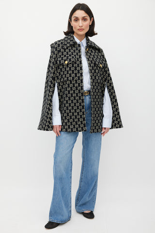 Gucci Black 
White Wool Monogram Cape