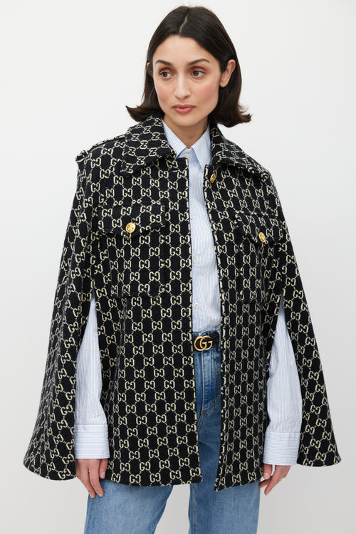 Gucci Black 
White Wool Monogram Cape