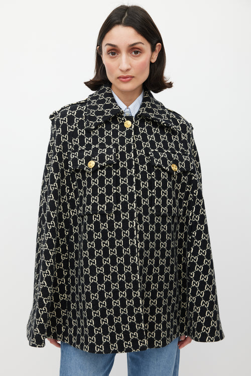 Gucci Black 
White Wool Monogram Cape