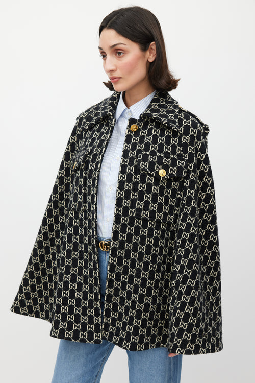 Gucci Black 
White Wool Monogram Cape