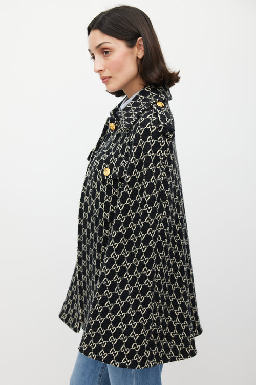 Gucci Black 
White Wool Monogram Cape