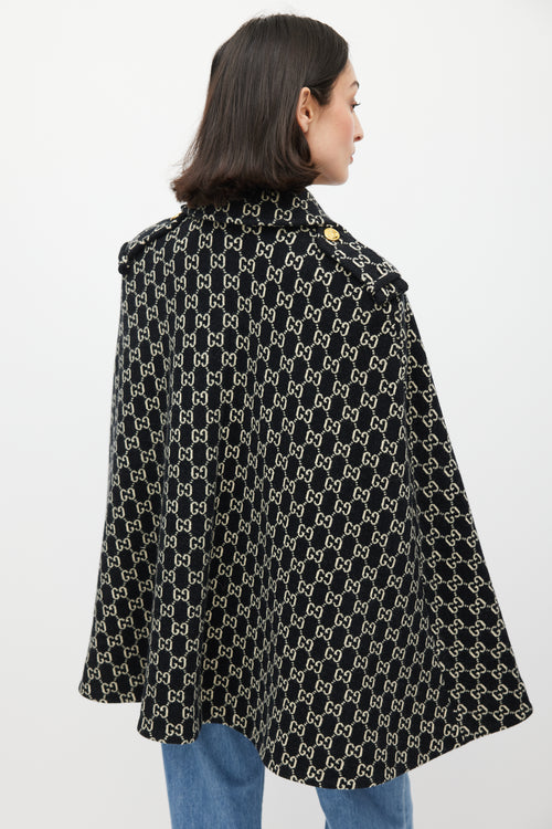 Gucci Black 
White Wool Monogram Cape