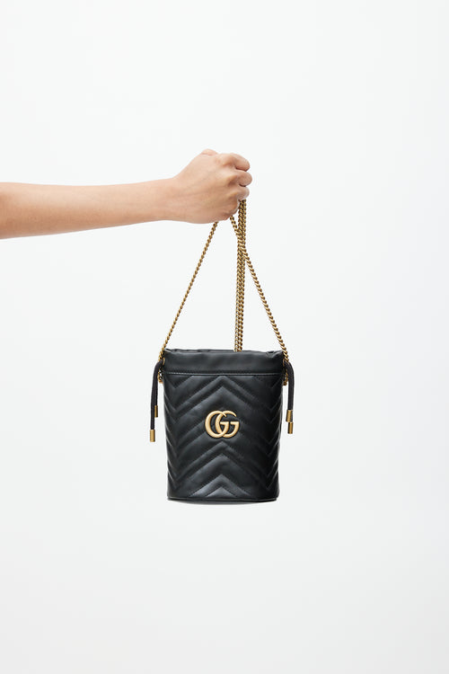 Gucci Black 
Gold GG Marmont Leather Bucket Bag