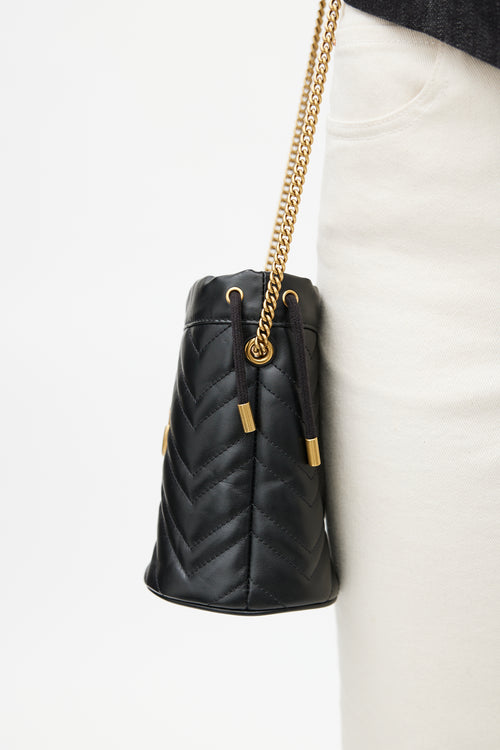 Gucci Black 
Gold GG Marmont Leather Bucket Bag