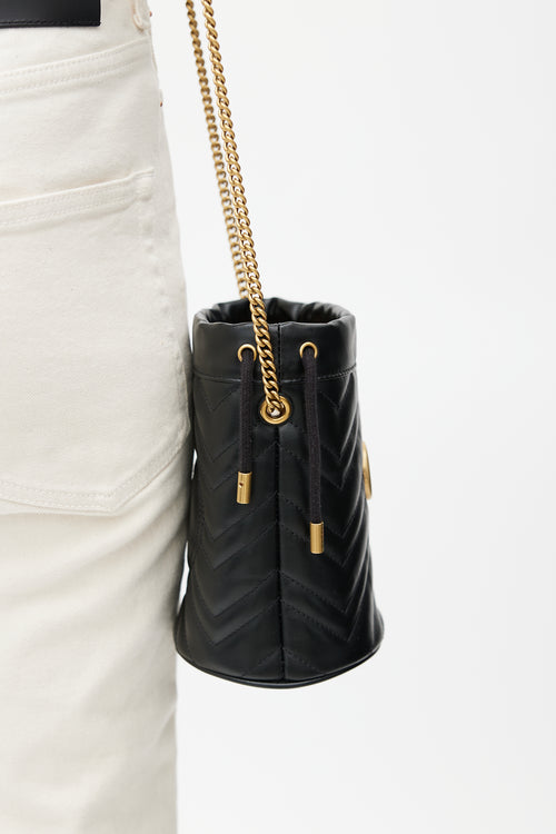 Gucci Black 
Gold GG Marmont Leather Bucket Bag