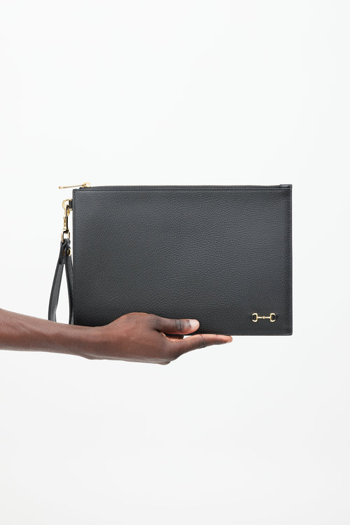 Gucci Black 
Gold Horsebit Leather Clutch