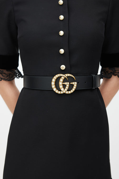 Gucci Black 
Gold Leather Marmont Pearl Belt