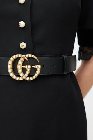 Gucci Black 
Gold Leather Marmont Pearl Belt