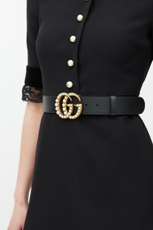 Gucci Black 
Gold Leather Marmont Pearl Belt