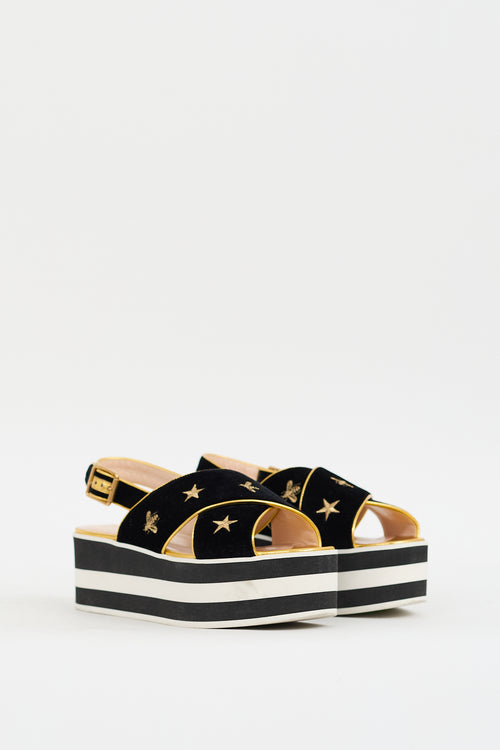 Gucci Black 
Gold Velvet Peggy Platform Sandal