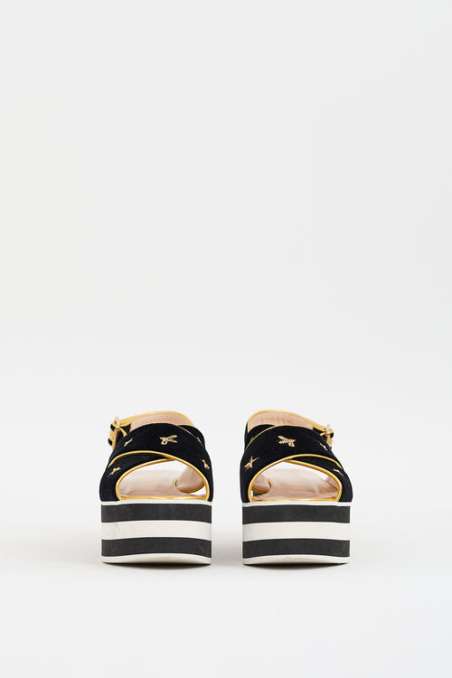 Gucci Black 
Gold Velvet Peggy Platform Sandal