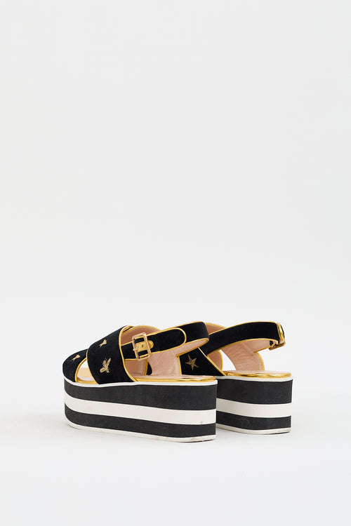 Gucci Black 
Gold Velvet Peggy Platform Sandal