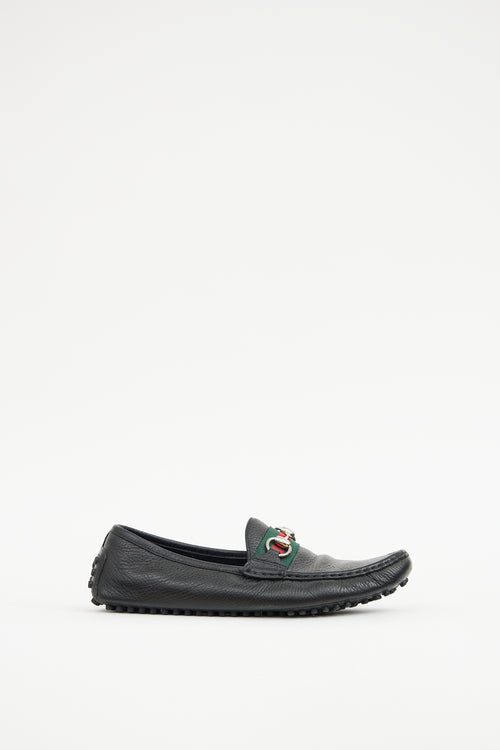 Gucci Black Webbed Leather Driving Loafer