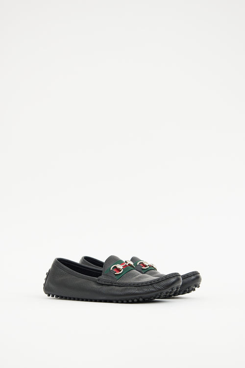 Gucci Black Webbed Leather Driving Loafer