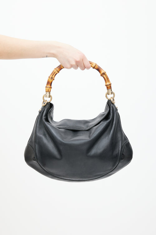 Gucci Black Leather Bamboo Two Way Bag