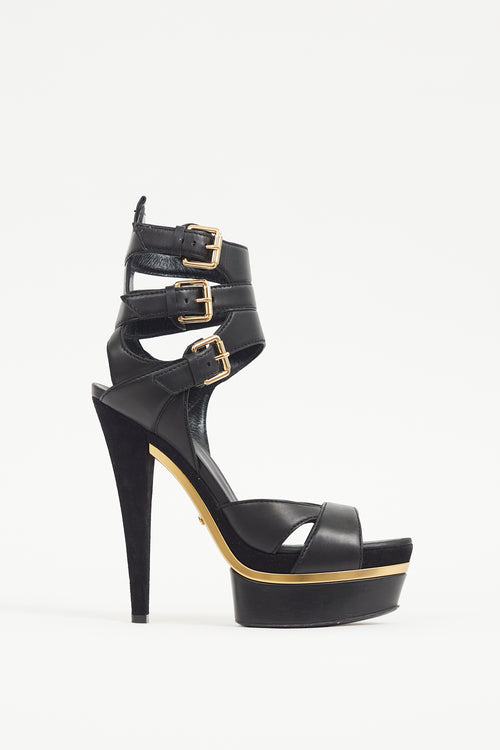 Gucci Black 
Gold Leather Platform Sandal