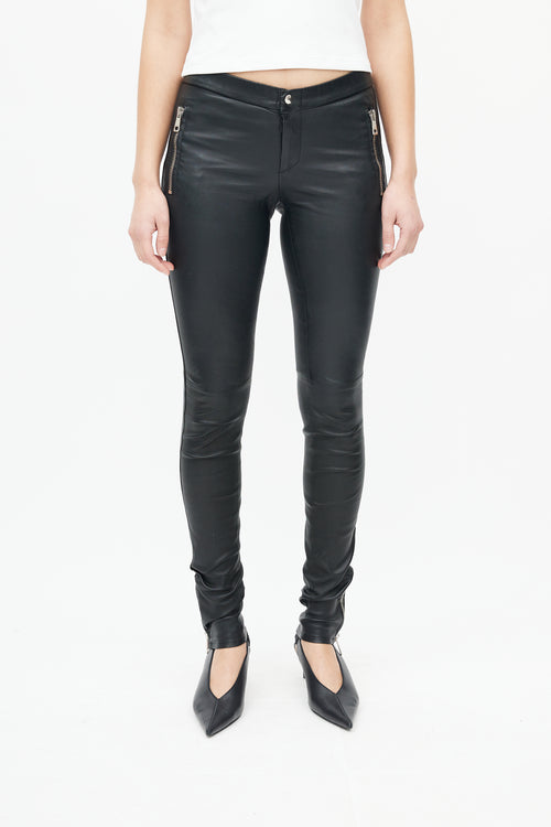 Gucci Black Leather Exposed Zipper Pant