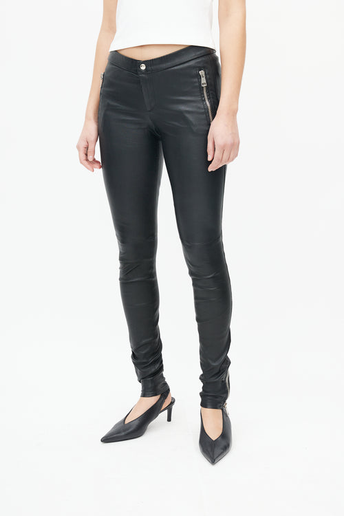 Gucci Black Leather Exposed Zipper Pant