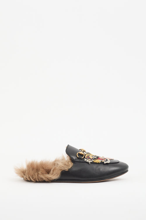 Gucci Black Leather 
Fur Princetown Mule