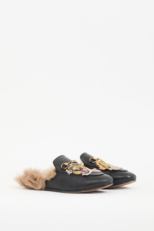 Gucci Black Leather 
Fur Princetown Mule