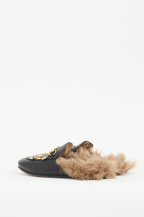 Gucci Black Leather 
Fur Princetown Mule