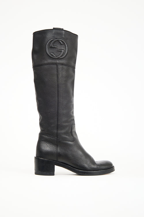 Gucci Black Leather GG Knee High Boot