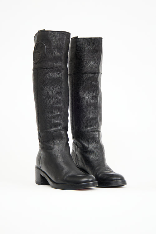 Gucci Black Leather GG Knee High Boot