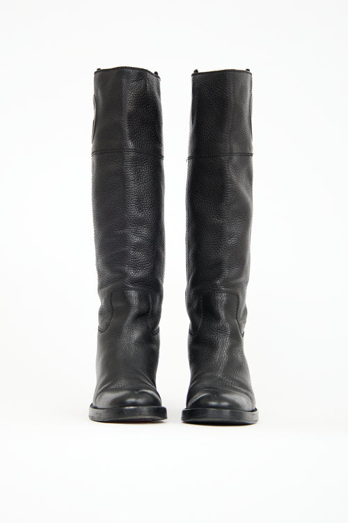 Gucci Black Leather GG Knee High Boot