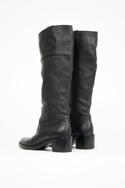 Gucci Black Leather GG Knee High Boot