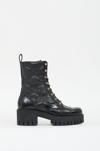 Gucci Black Leather GG Matelassé Lace Up Boot