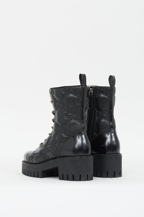 Gucci Black Leather GG Matelassé Lace Up Boot