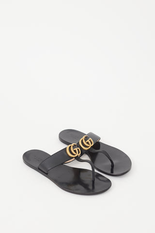 Gucci Black Leather GG T-Strap Sandal