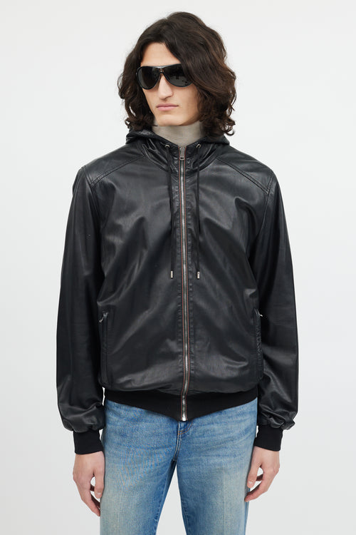 Gucci Black Leather Hooded Bomber Jacket