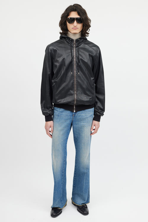 Gucci Black Leather Hooded Bomber Jacket