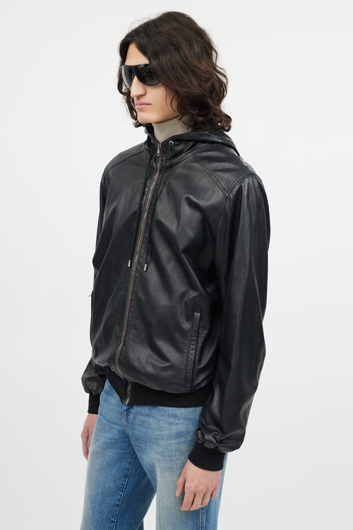 Gucci Black Leather Hooded Bomber Jacket