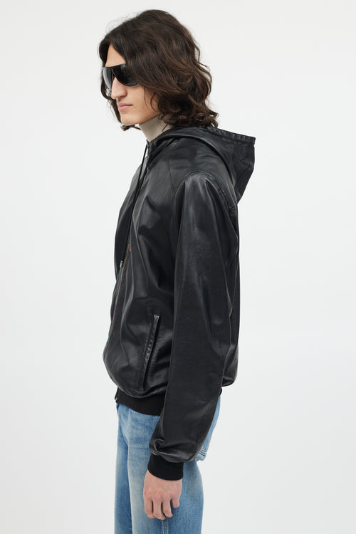 Gucci Black Leather Hooded Bomber Jacket