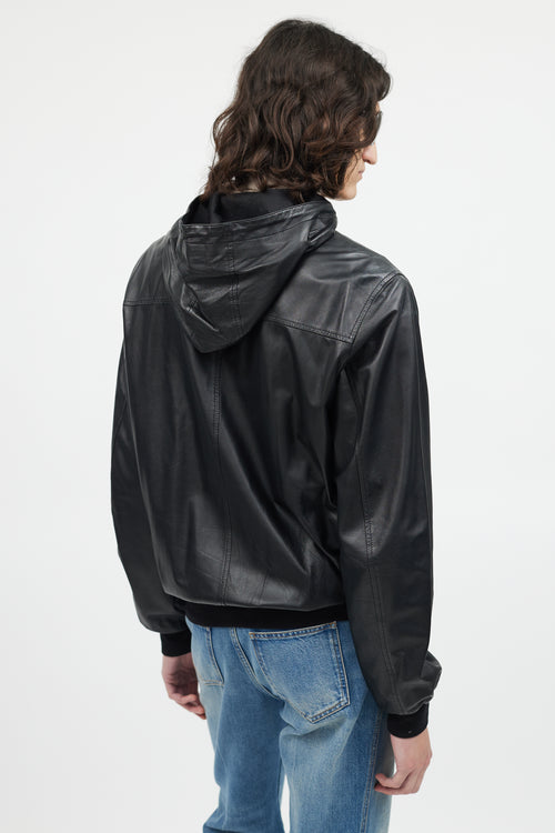 Gucci Black Leather Hooded Bomber Jacket