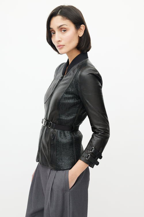 Gucci Black Leather Woven Belted Jacket