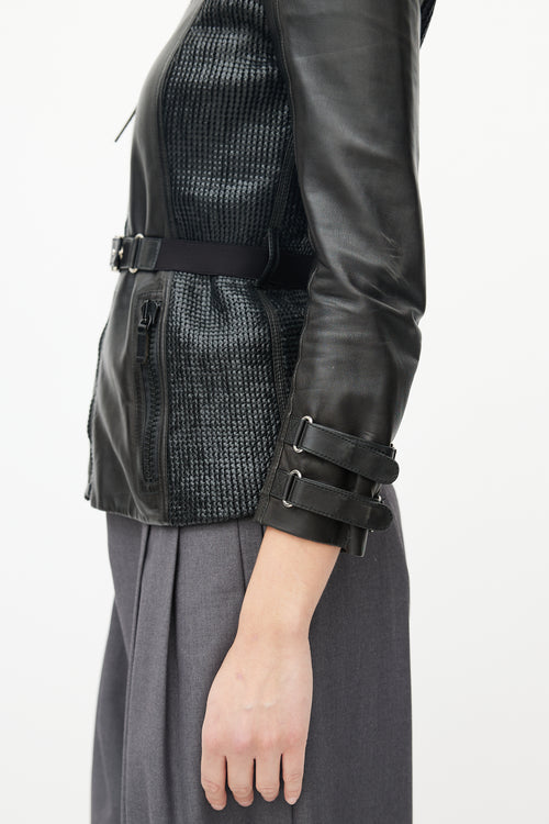 Gucci Black Leather Woven Belted Jacket