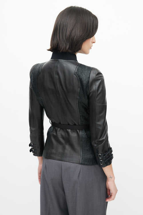 Gucci Black Leather Woven Belted Jacket