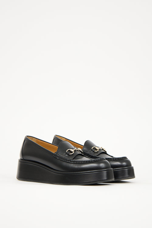 Gucci Black Leather Platform Wedge Loafer