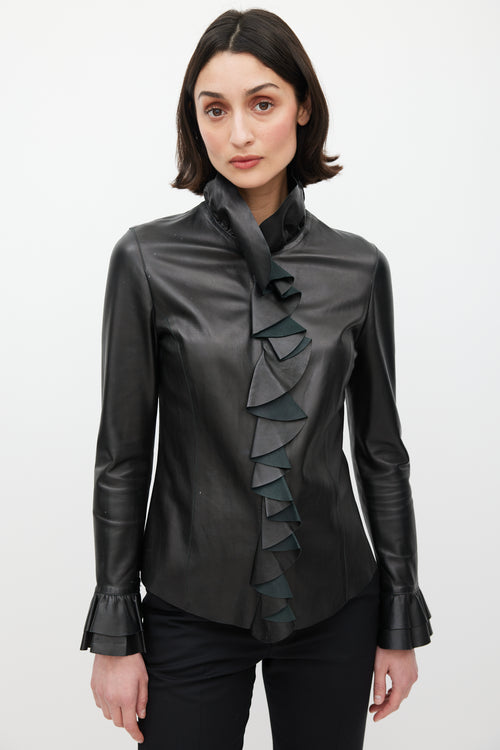 Gucci Black Leather Ruffled Shirt