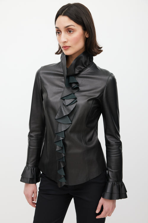 Gucci Black Leather Ruffled Shirt