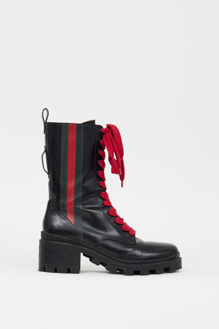 Gucci Black Leather Web Stripe Combat Boot