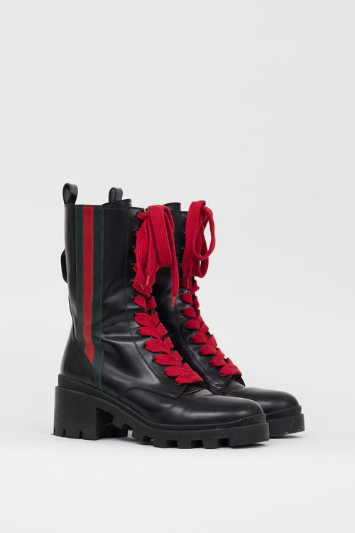 Gucci Black Leather Web Stripe Combat Boot