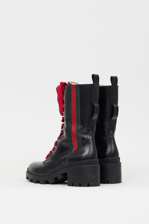 Gucci Black Leather Web Stripe Combat Boot