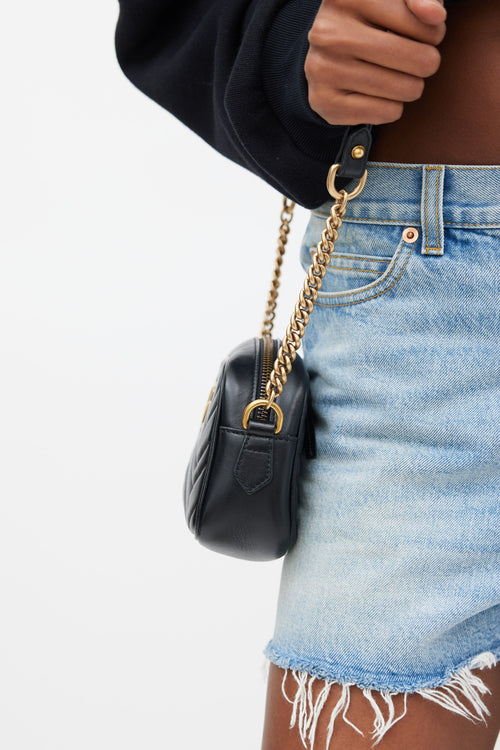 Gucci Black Matelassé GG Marmont Chain Mini Crossbody Bag