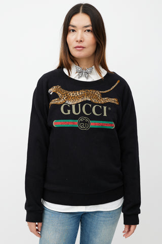 Gucci Black 
Brown Embroidered Logo Sweatshirt