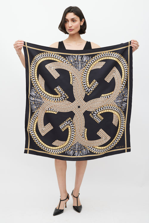 Gucci Black 
Multi GG Link Printed Silk Scarf